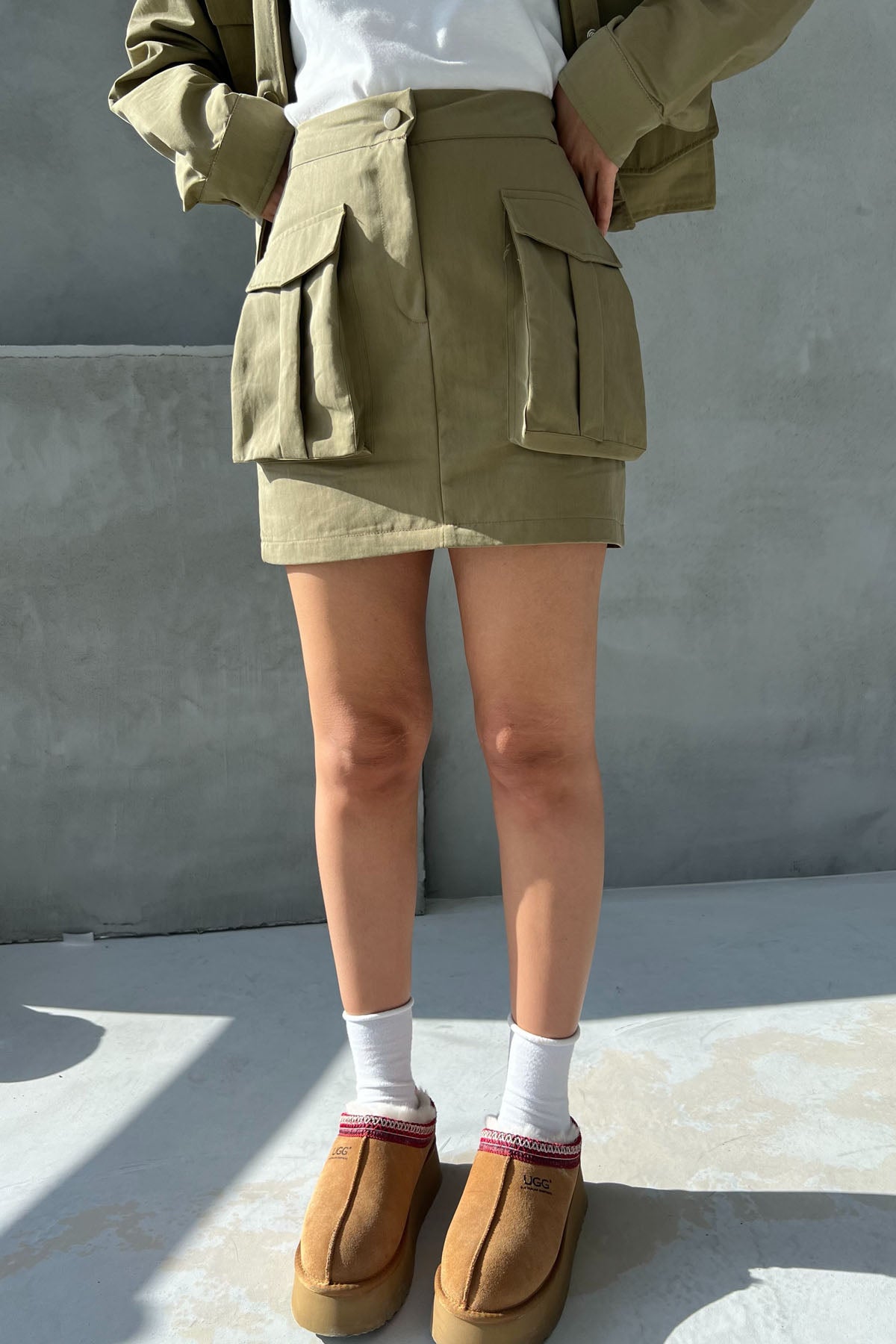 Haki Safari Çok Cepli Çıtçıtlı Etek Ceket Takım SY-2691-Haki