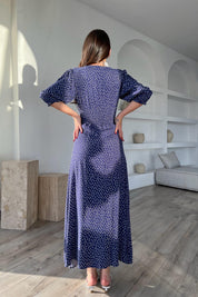 Lacivert Puantiyeli Arka Bel ve Kol Ucu Gipeli Elbise SY-1727-Lacivert