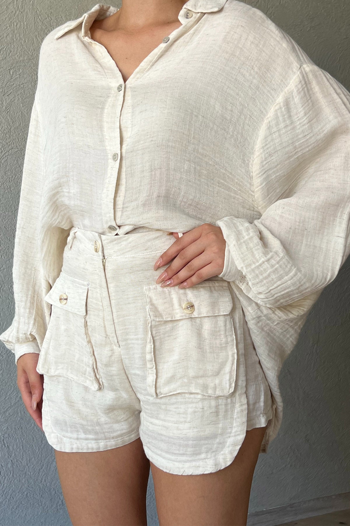 Bej Modern Kargo Cep Detaylı Şort Gömlek Takım SY-2332-Bej