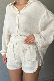 Bej Modern Kargo Cep Detaylı Şort Gömlek Takım SY-2332-Bej