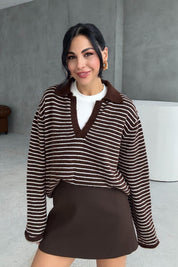 Kahve Çizgili Polo Yaka Triko Kazak SY-3415-Kahve