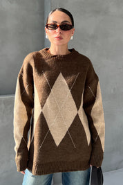 Açık Kahve Baklava Desenli Yakalı Kazak SY-1302-Açık Kahve