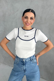 Ekru Atlet Detaylı Yan Büzgülü Bisiklet Yaka T-shirt SY-3317-Ekru
