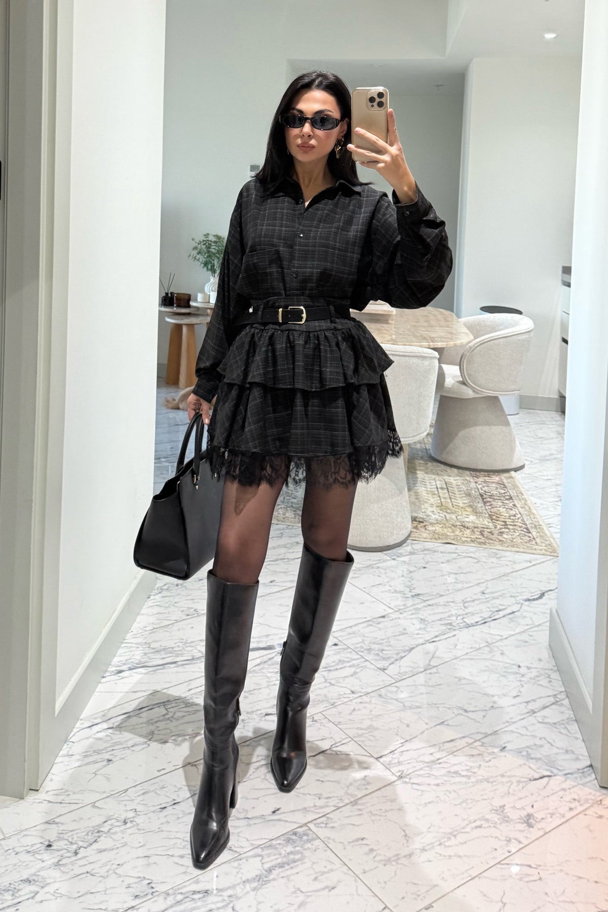 Dantel Detaylı Kat Kat Kemerli Rihanna Etek SY-3492-Siyah