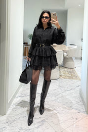 Dantel Detaylı Kat Kat Kemerli Rihanna Etek SY-3492-Siyah