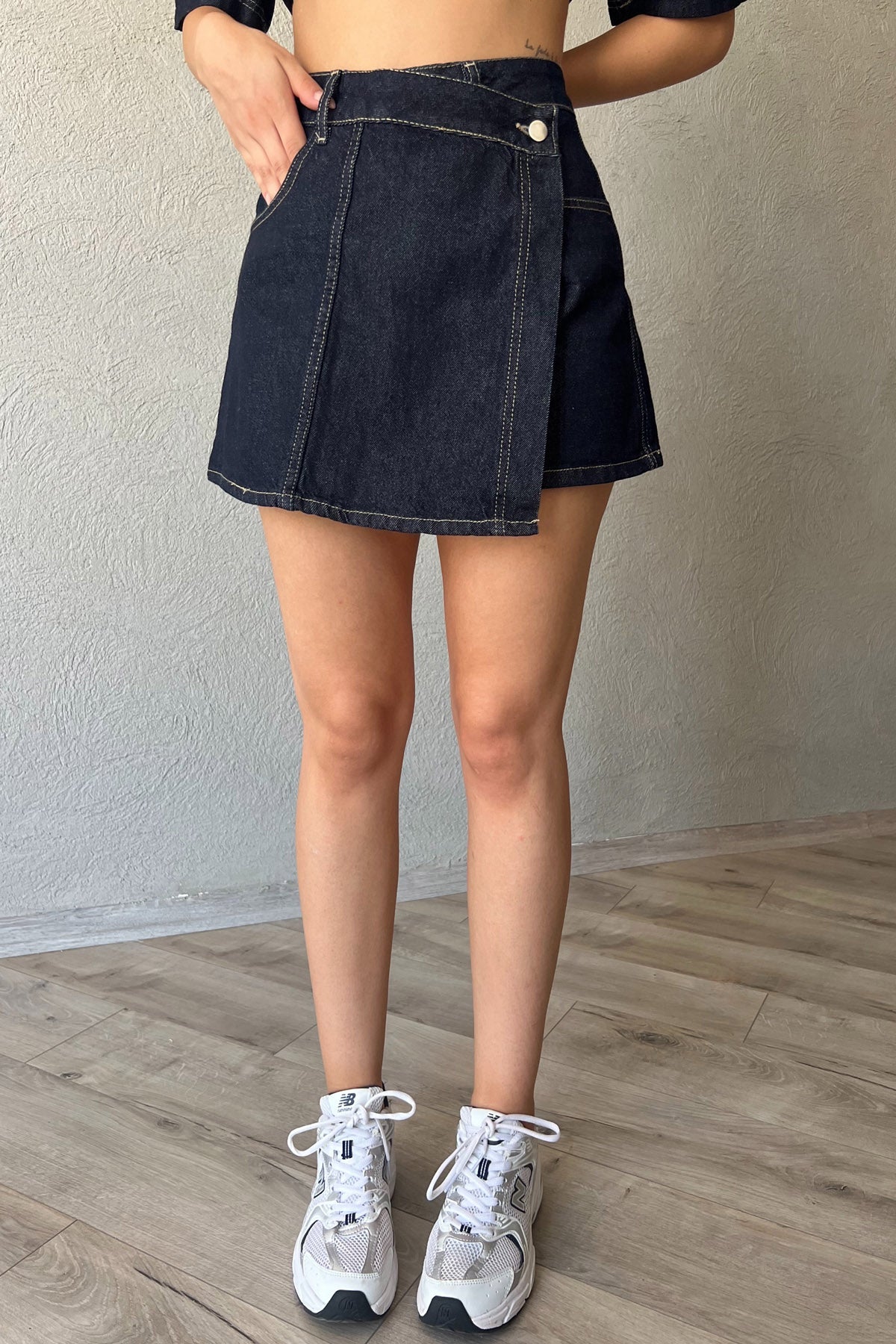 Koyu Mavi Crop Ceket Şort Etek Denim Takım SY-2295-Koyu Mavi