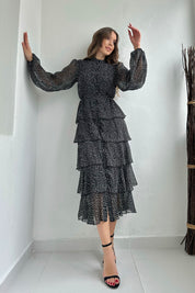 Siyah Puantiyeli Volanlı Şifon Kat Elbise SY-0087-Siyah