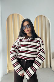 Kahve-Ekru Polo Yaka Çizgili Kazak SY-3475-Kahverengi
