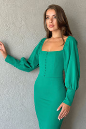 Yeşil Kare Yaka Düğme Detaylı Elbise SY-0964-Yeşil