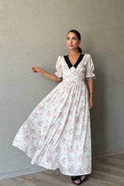 Beyaz Carina Çiçekli Kolu Lastikli Tasarım Elbise SY-2274-Beyaz