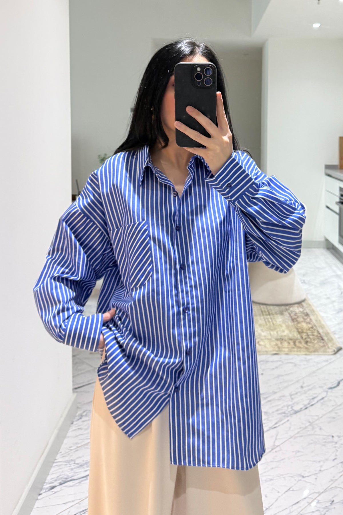 Koyu Mavi Çizgili Kadın Gömlek SYM-3428-Koyu Mavi