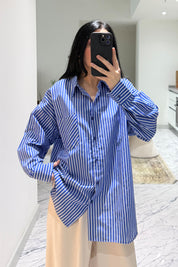 Koyu Mavi Çizgili Kadın Gömlek SYM-3428-Koyu Mavi