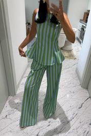 Yeşil Mavi Çizgili Peplum Bluz Pantolon Takım SY-3790-Yeşil