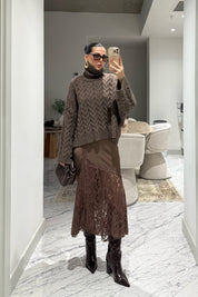 Dantel Detaylı Kahverengi Saten Etek SY-3540-Kahverengi