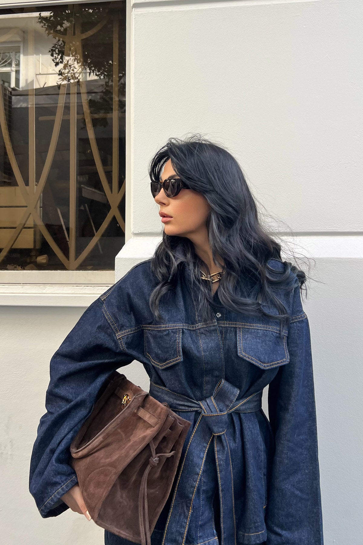 Koyu Lacivert Beli Bağlamalı Denim Ceket Pantolon Takım SY-2884-Lacivert