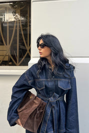 Koyu Lacivert Beli Bağlamalı Denim Ceket Pantolon Takım SY-2884-Lacivert