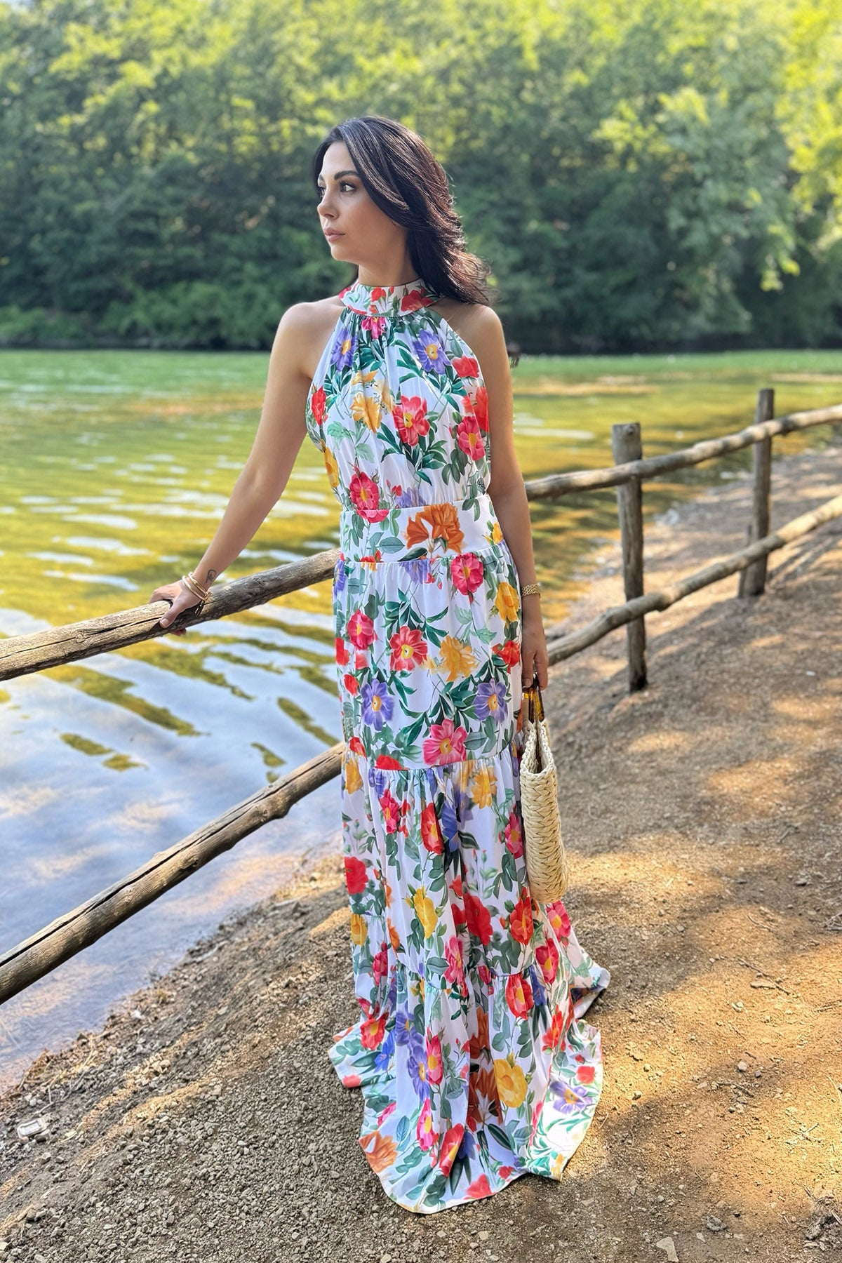 Halter Yaka Çok Renkli Çiçekli Elbise SY-3232-Renkli