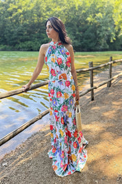 Halter Yaka Çok Renkli Çiçekli Elbise SY-3232-Renkli