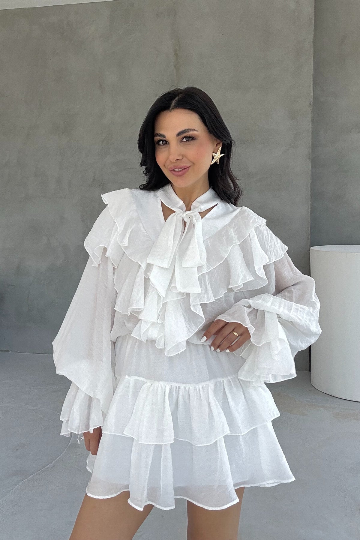 Mimoza Beyaz Fırfırlı Tasarım Mini Elbise SY-3201-Beyaz