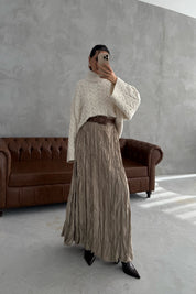 Vizon Kırışık Görünümlü Uzun Etek SY-3464-Vizon