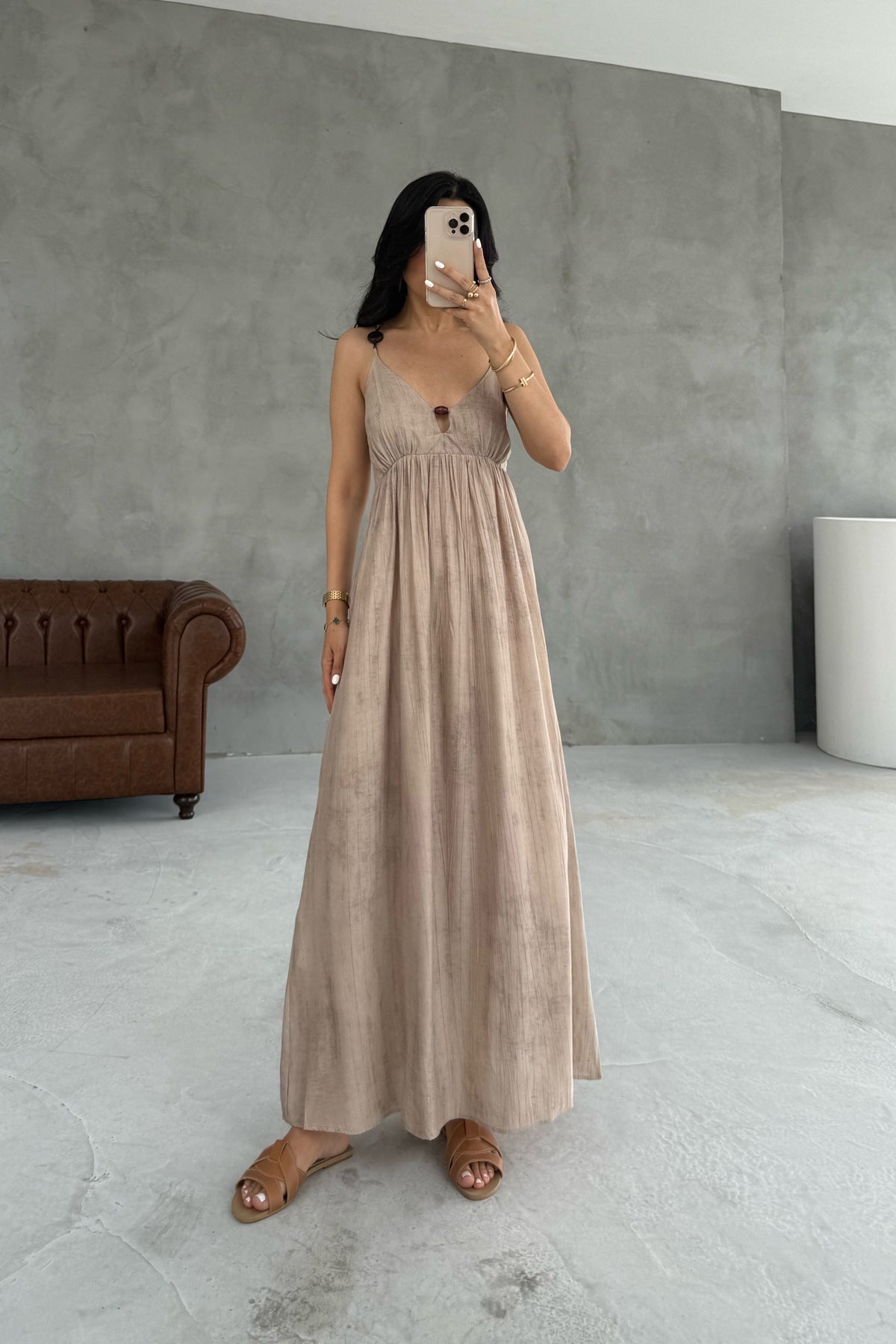 Vizon Boncuk Detaylı Askılı Elbise SY-3215-Vizon