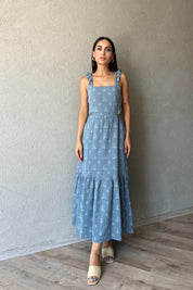 Mavi Desenli Kolu Fırfırlı Bağlamalı Elbise SY-2347-Mavi