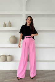Pembe Kemer Detaylı Yüksek Bel Geniş Paça Pantolon SY-1681-Pembe