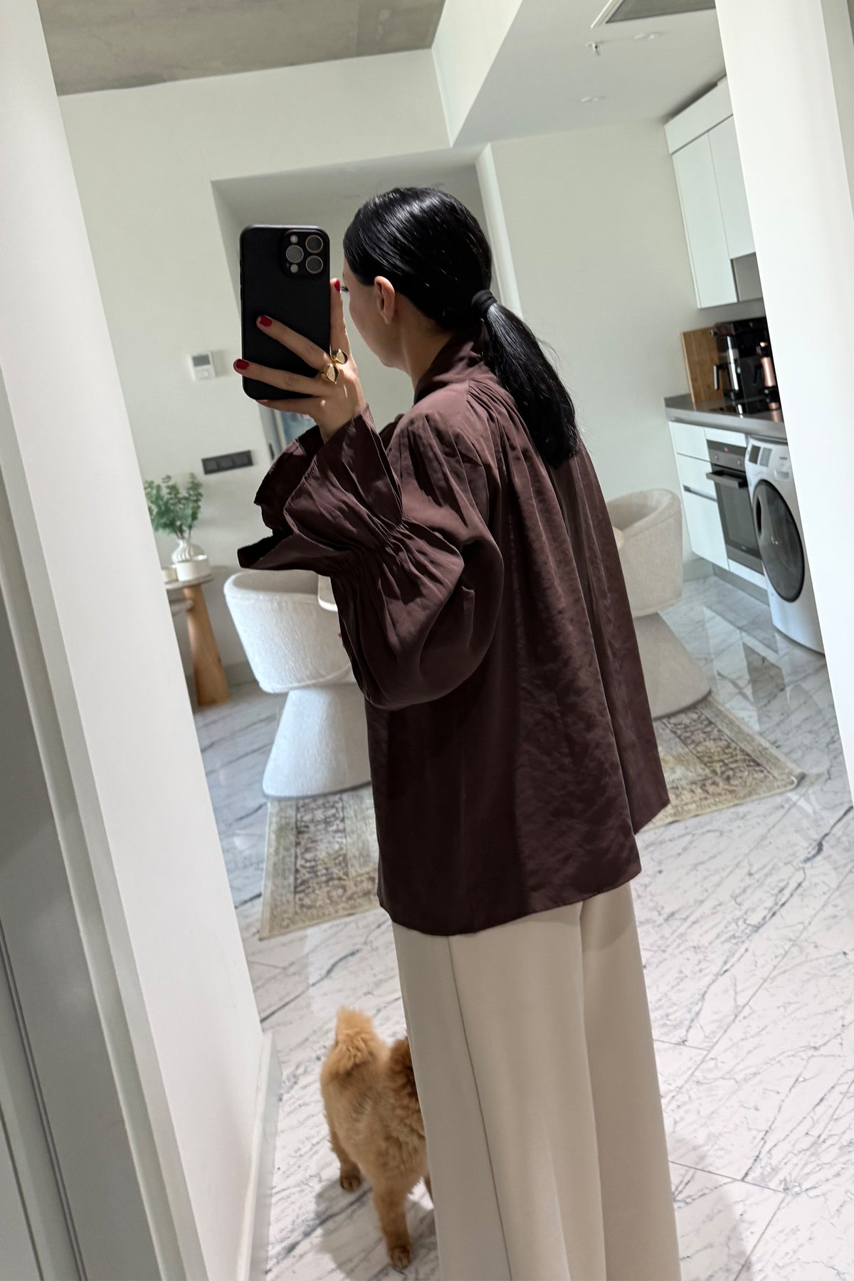 Vatkalı Şal Detaylı Kahverengi Bluz SY-3658-Kahverengi