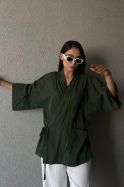 Haki Arkası Baskılı Bağlama Detaylı Keten Kimono SY-1613-Haki