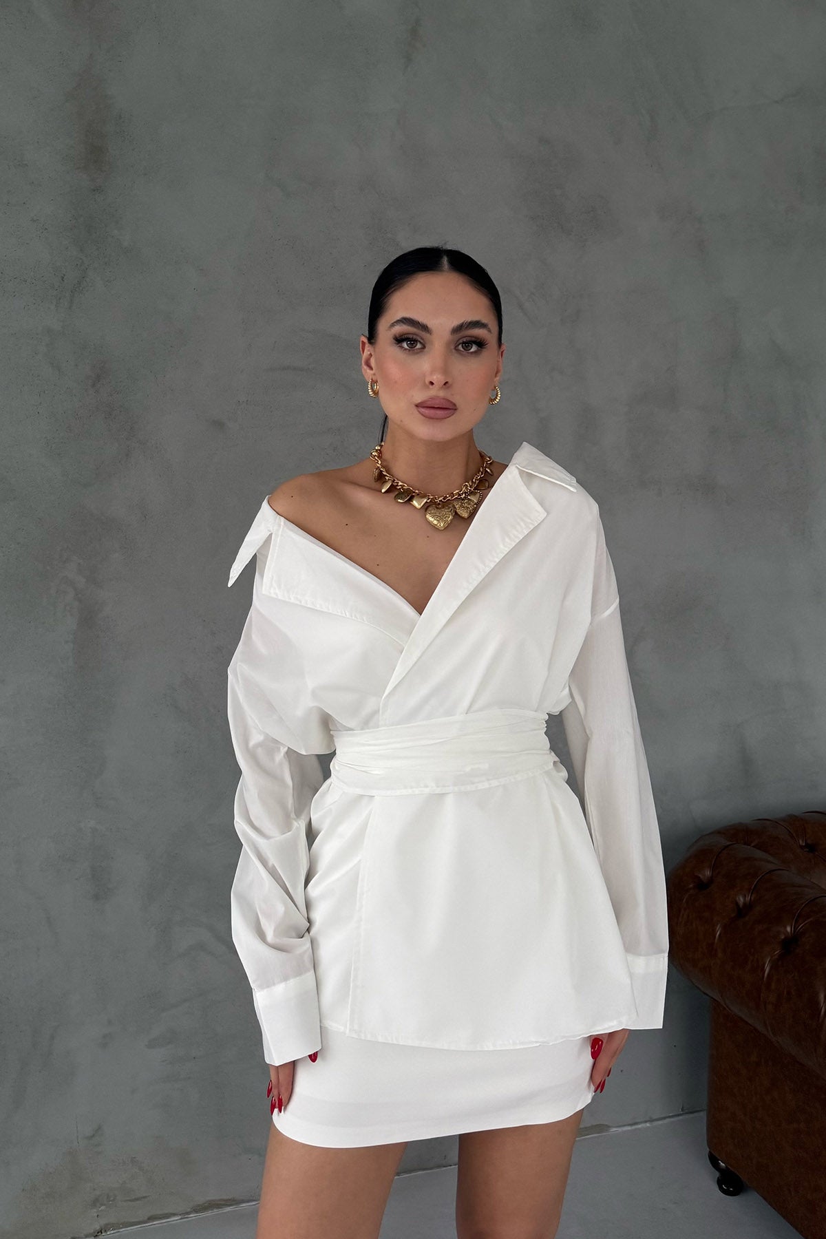 Beyaz Önü Bağlamalı Tasarım Gömlek SY-3023-Beyaz