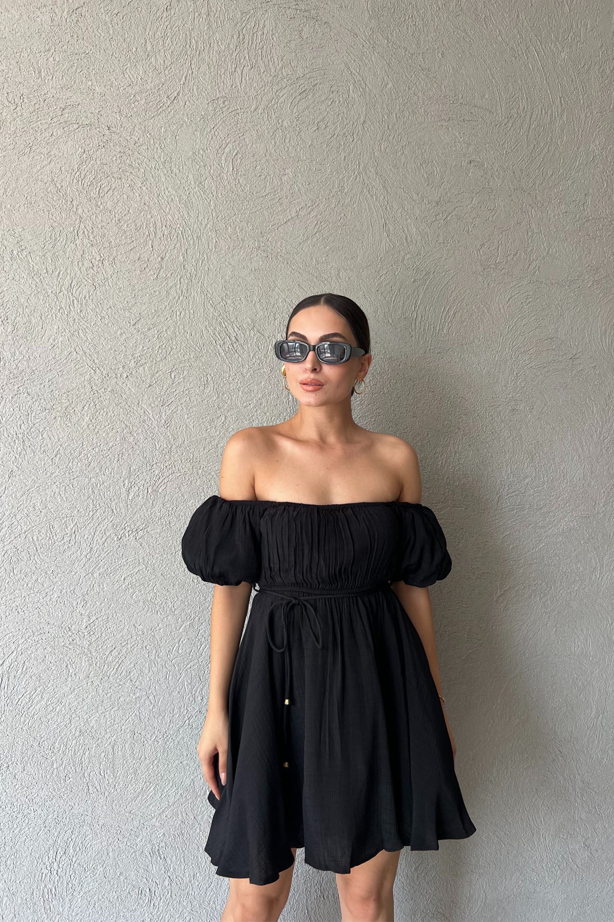 Siyah Prenses Balon Kol Mini Elbise SY-2304-Siyah