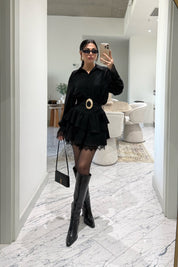 Dantel Detaylı Kemerli Siyah Mini Elbise SY-3490-Siyah