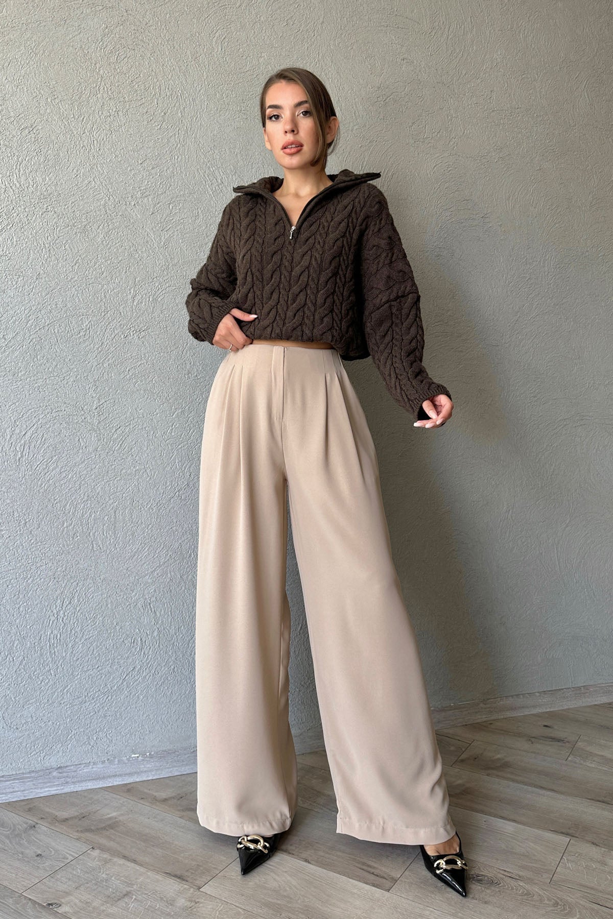 Bej Belden Lastik Detaylı Palazzo Pantolon SY-1126-Bej