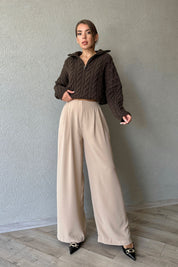Bej Belden Lastik Detaylı Palazzo Pantolon SY-1126-Bej