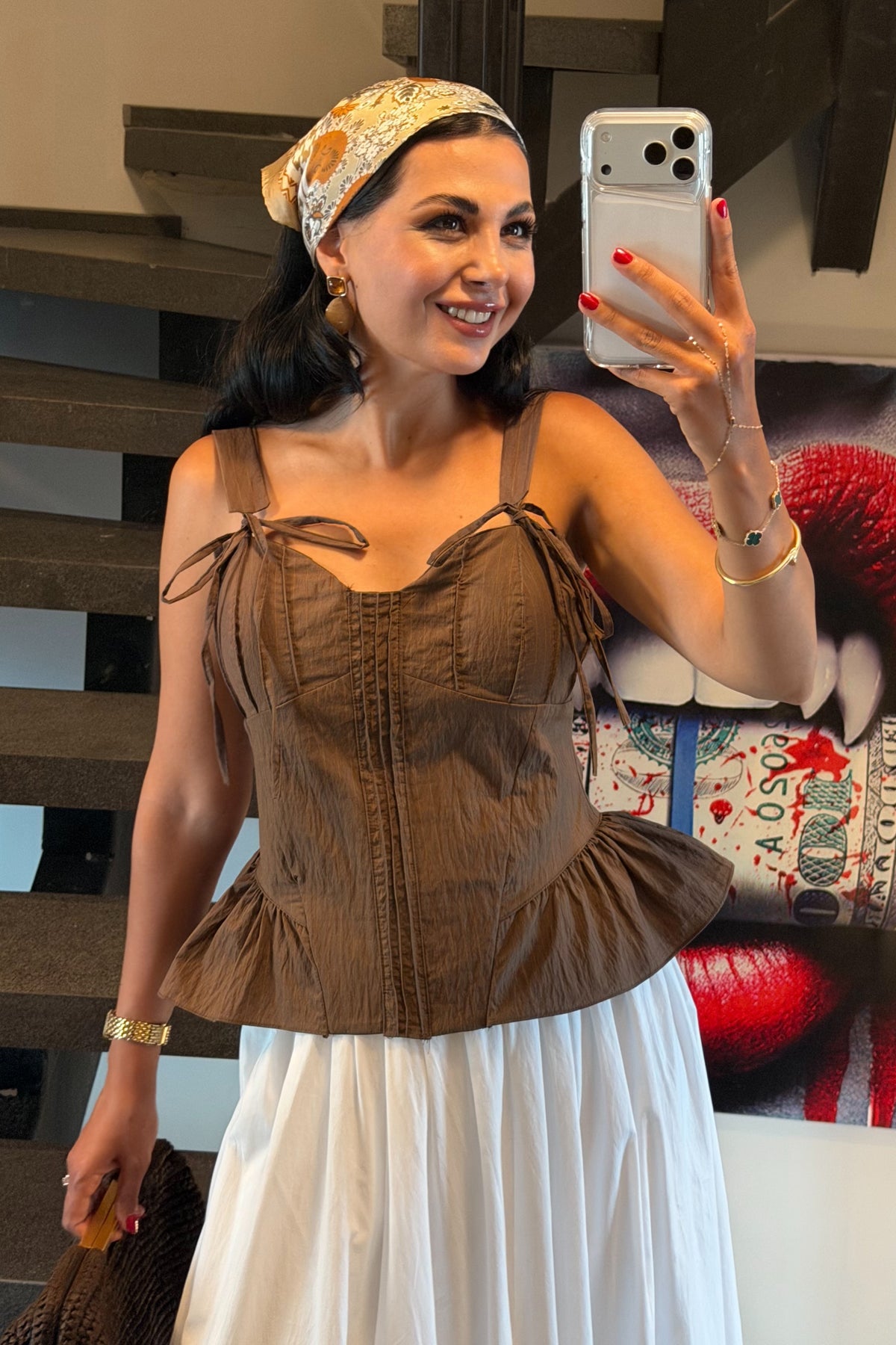 Çizgili Kahve Korse Bluz SY-3750-Kahverengi