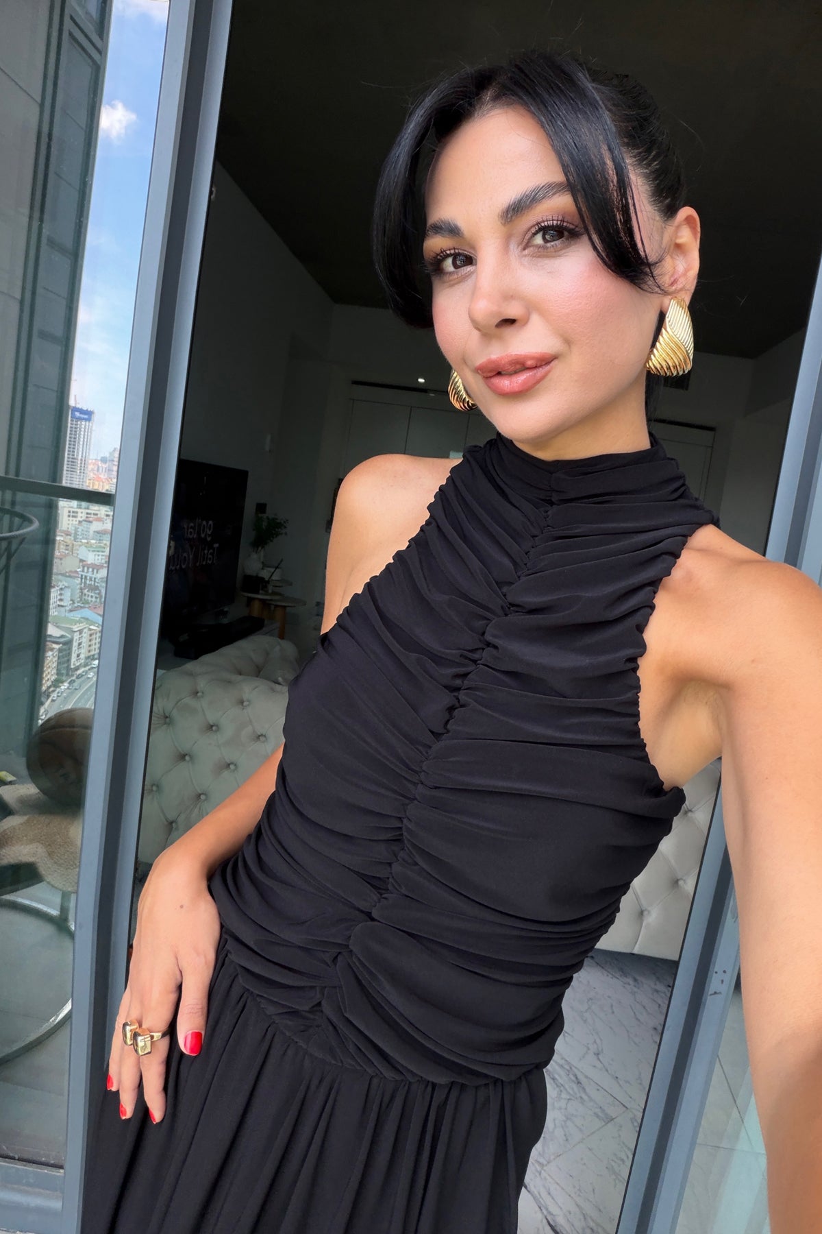 Siyah Halter Yaka Maxi Davet Elbisesi Ön Drapeli SY-3782-Siyah