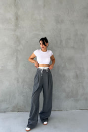 Koyu Gri Bel Detaylı Bağcıklı Pantolon SY-2420-Gri