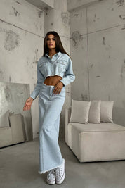 Açık Mavi Önden Parça Detaylı Arkadan Yırtmaçlı Denim Etek ve Ceket Takım SY-1052-Açık Mavi