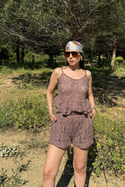 Kahve Askılı Şortlu Kroşe Takım SY-3184-Kahve