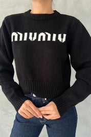 Siyah Morris Yazı Baskılı Crop Kazak SY-2464-Siyah