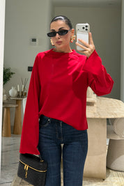 Kırmızı Oversize İspanyol Kol Basic T-Shirt SY-3846-Kırmızı