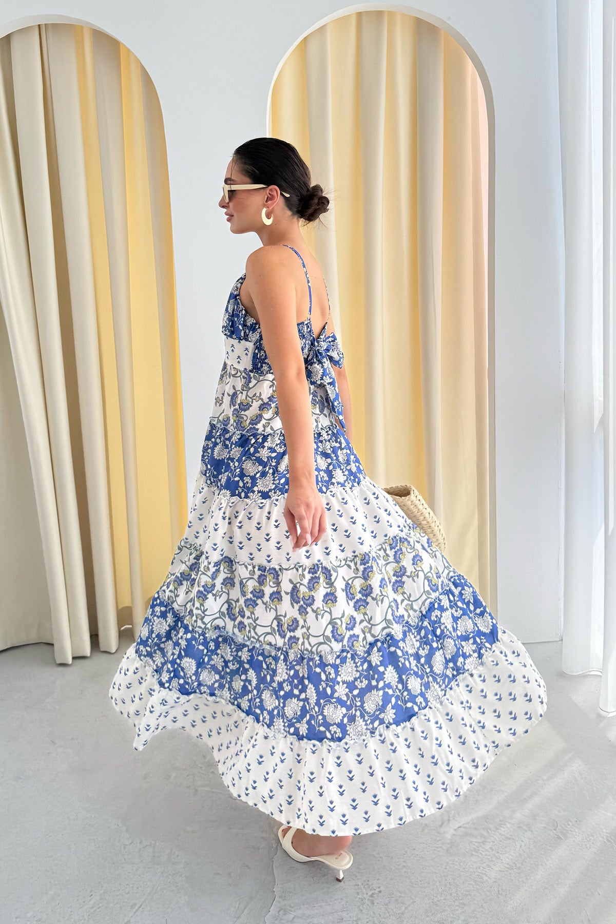 Mavi Desenli Gipeli Midi Boy Elbise SY-3305-Mavi