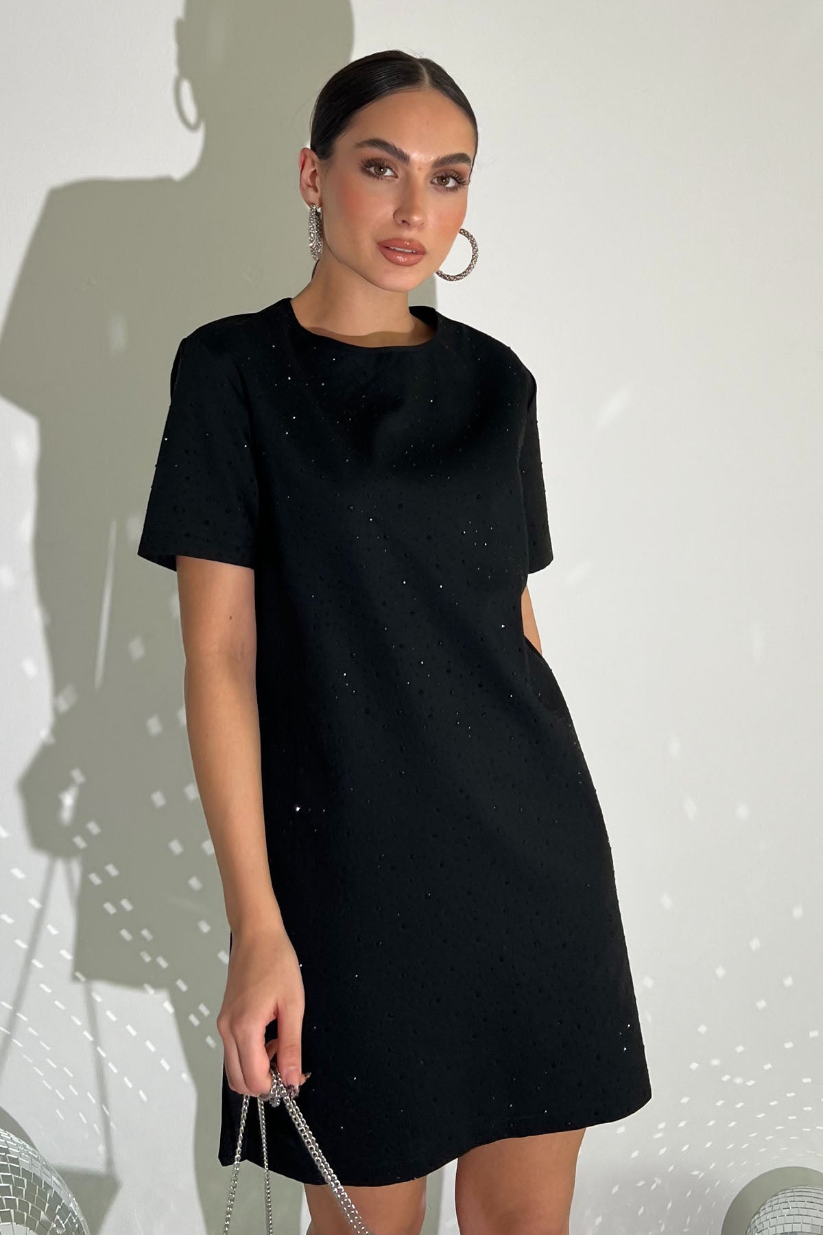 Siyah Taş Baskılı Kısa Kollu Elbise SY-2812-Siyah