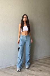 Mavi Kargo Cepli Fermuar Detaylı Wide Leg Jean SY-1829-Mavi