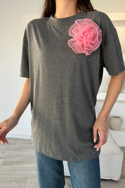 Antrasit Bisiklet Yaka Gül Detaylı T-shirt SY-1567-Antrasit