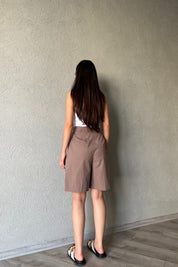 Kahve Tek Pile Detaylı Bermuda Şort SY-2149-Kahve