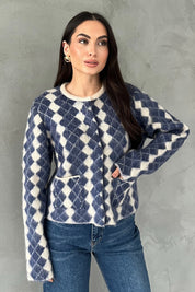 Beyaz Mavi Bisiklet Yaka Hırka SY-2821-Mavi