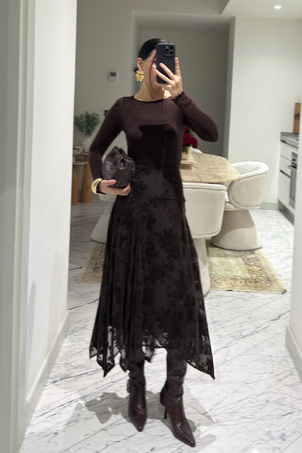 Kahverengi Kadife Çiçek Desenli Asimetrik Etek SY-3530-Kahverengi