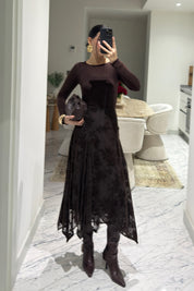 Kahverengi Kadife Çiçek Desenli Asimetrik Etek SY-3530-Kahverengi