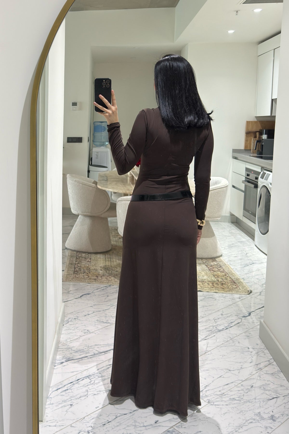 Kahve Kemer Detaylı Maxi Basic Elbise SY-3618-Kahverengi